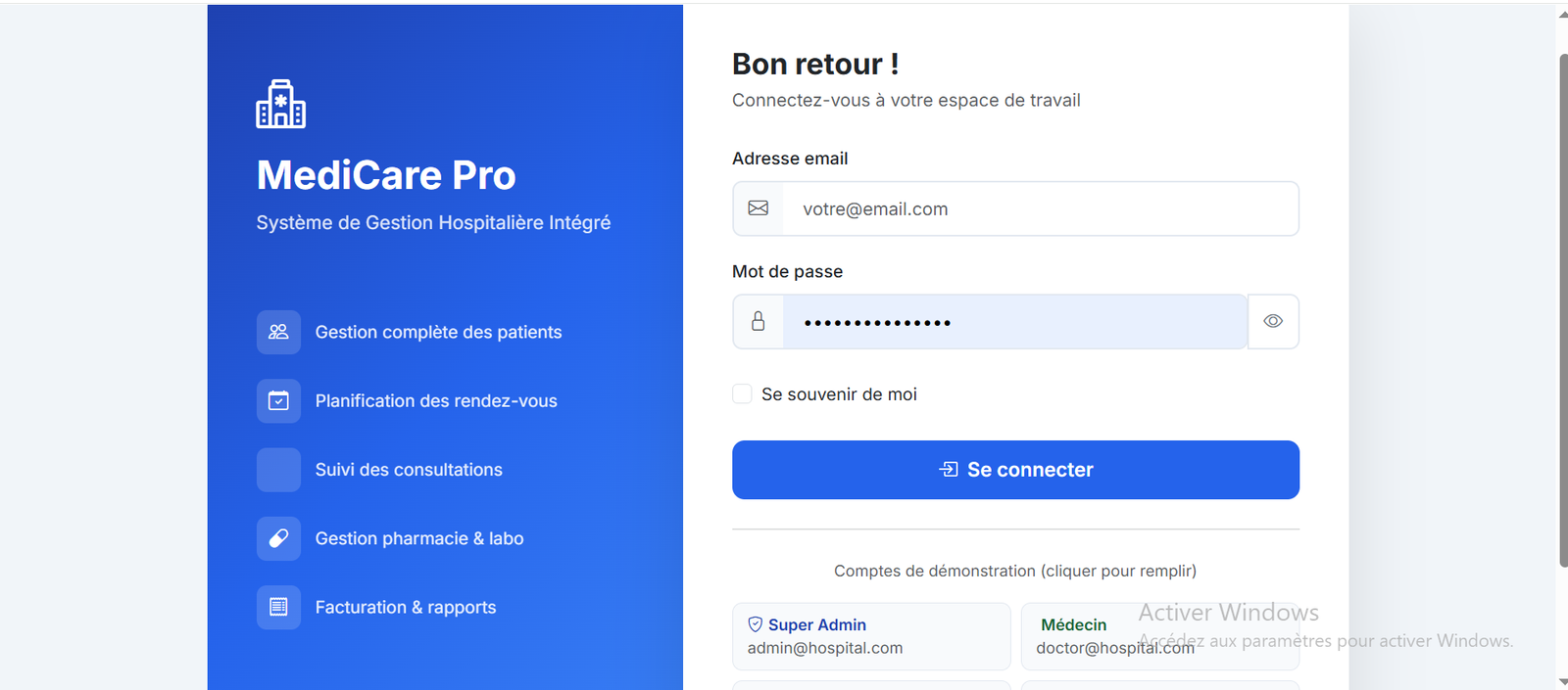 Aperçu du projet Plateforme Hospitalière SaaS